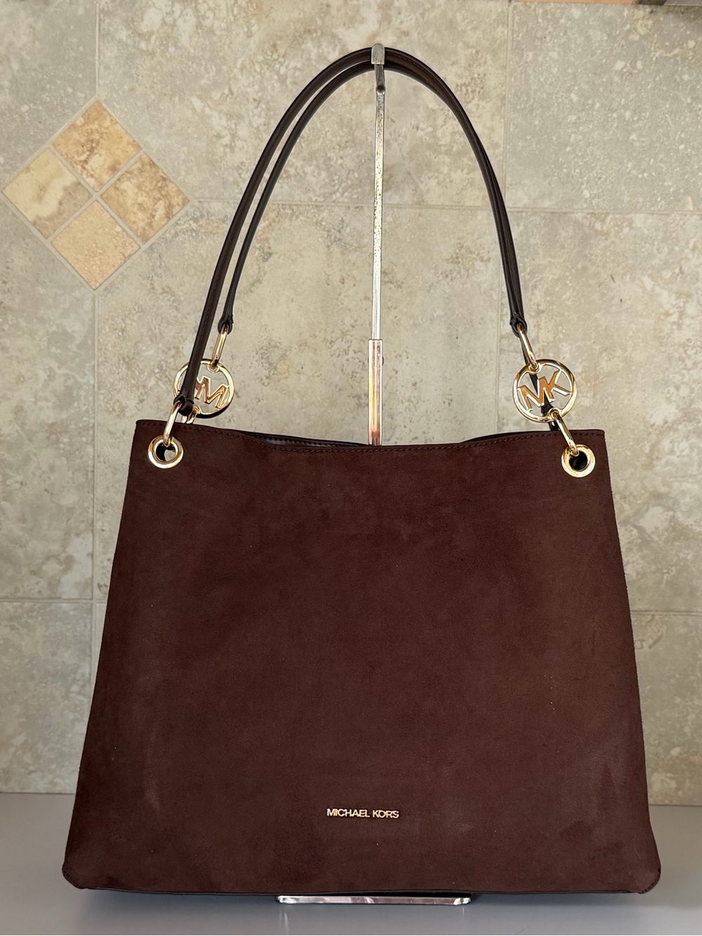 Michael Kors Christina LG MK Logo Chain Shoulder Tote Bag Dark Brown